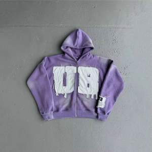 Streetwear Diseño de cremallera Algodón Lavado ácido Sudadera con capucha Bordado de diamantes de imitación Sun Faded Sudaderas con capucha desgastadas - Product Image 2