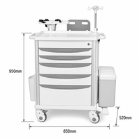 Chariot médical d'urgence en alliage d'aluminium ABS, 5 tiroirs, étagère pour défibrillateur, poteau porte-perfusion, planche RCP, durable pour atelier et clinique