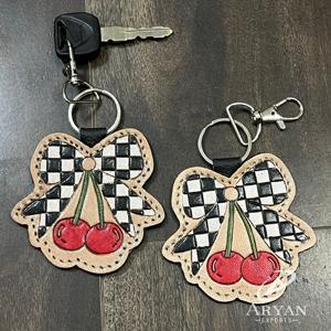 2026 Trending Handcrafted Checkered Leather Bow Cherry Design Keychain Real Leather Souvenir Gift Fashion Bag <b>Charm</b> For Women - Product Image 1