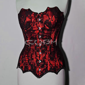 Corsé gótico de satén rojo con encaje negro, escote corazón, estilo burlesco, moldeador de cuerpo con copas y adornos elegantes - Product Image 3