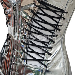 Corset en PVC argenté métallisé à décolleté profond avec fermeture éclair avant et laçage latéral |   Corset de fétichisme en vinyle brillant pour le modelage de la taille - Product Image 5