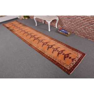 2.5x13 ft Vintage Rug, Turkish Runner Rug, <b>Brown</b> Orange Bordered <b>Wool</b> Rug - Product Image 2