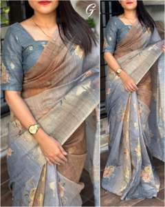 Belle Robe Mousseline Coton Jacquard Saree Blouse Avec Lurex Zari Jacquard Butta et Impression Numérique Tussels Travail Femme Mode - Product Image 3