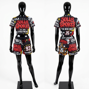 Soft Polyester Blend Women <b>Crop</b> <b>Top</b> And Shorts Set Street Style Black <b>Red</b> All Over Print Sublimation Logo <b>Crop</b> <b>Top</b> & Shorts - Product Image 3