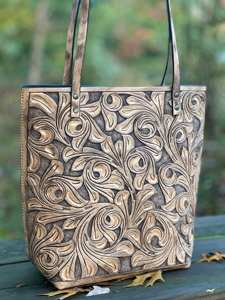 Sac fourre-tout en cuir véritable vintage de grande capacité, personnalisé en gros, avec des motifs floraux gravés à la main, de haute qualité, nouvelle mode - Product Image 6