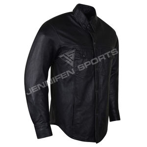 Chemise en cuir pour hommes Biker Motorcycle Cuir de vachette véritable Cuir lisse Poches avant Poitrine Fermeture à boutons Doublure intérieure en satin - Product Image 2