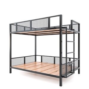 GT011 Industrial Design Solid Mango Wood Bunk <b>Bed</b> Extendable Iron Frame <b>Queen</b> <b>Size</b> 140x200cm Hand Carved Storage for Home - Product Image 1