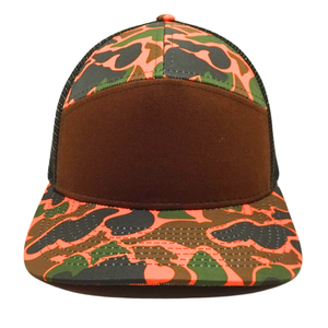 Sombrero de camionero de camuflaje marrón naranja de 7 paneles de alta calidad, hebilla de un solo pecho estructurada de malla negra, venta al por mayor, Unisex, todas las edades - Product Image 1
