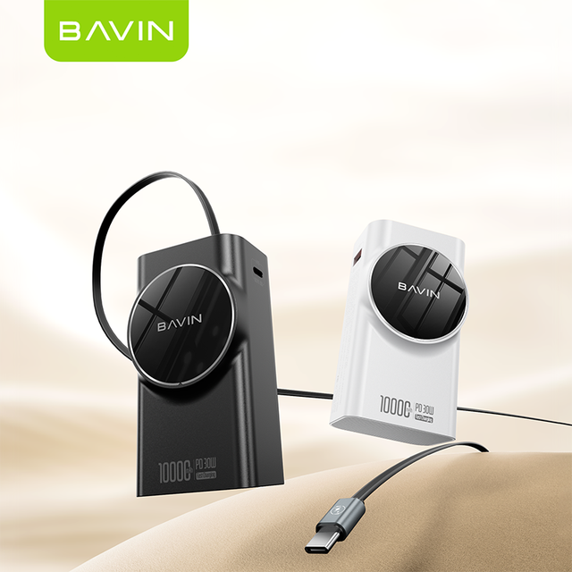 BAVIN Wholesale PC1121S 10000mah 30W 60CM Auto Retract Cable Retractable Power Bank with LED Display