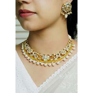 Swarn 925 Sterling <b>Silver</b> Gold Plated Flower <b>Necklace</b> & Earring <b>Set</b> Crystal Rhinestone Polished Fine Bridal Jewelry for Weddings - Product Image 1