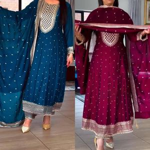 Vestido y Pantalón de Fiesta de Diseño de Última Moda al por Mayor, en Seda Chinon, con Bordado Completo de Lentejuelas y Zari, con Dupatta de Encaje Elegante - Product Image 1