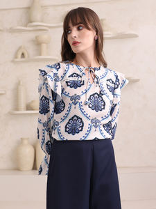 Top Ogee de mezcla de algodón Bandhani de manga larga con cuello redondo estampado - Product Image 2