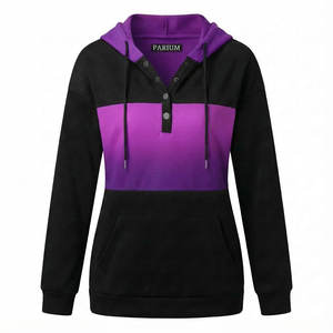 Wholesale Casual Women's Stylish Color Block Hoodies Henley Button Kangaroo Pocket Long Sleeve Pullover Streetwear Custom Hoodie - Product Image 4