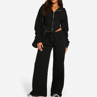 Ensemble de survêtement tendance pour femmes noires en grande taille, hiver, 2 pièces, corset, insert côtelé, cordon de serrage, capuche respirante, sweat-shirt, pantalon de survêtement