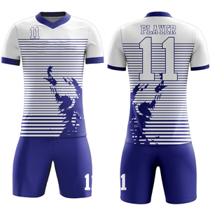Ensemble de maillots de football blanc et bleu rayé, impression sublimée, 11 numéros de joueur, manches courtes, unisexe, adulte, séchage rapide, coupe athlétique - Product Image 1