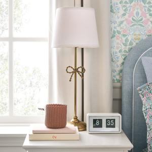 Lámpara de mesa de latón vintage moderna con acento de nudo de lazo y pantalla de tela blanca elegante iluminación de mesita de noche - Product Image 6