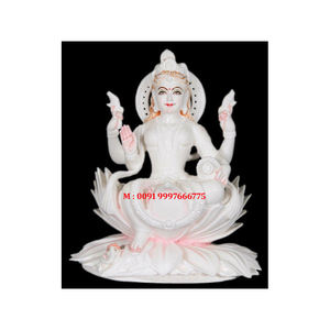 Belle statue de la déesse Lakshmi en marbre blanc pur, position assise sur lotus, design classique fait à la main, utilisée pour le festival de Diwali - Product Image 1