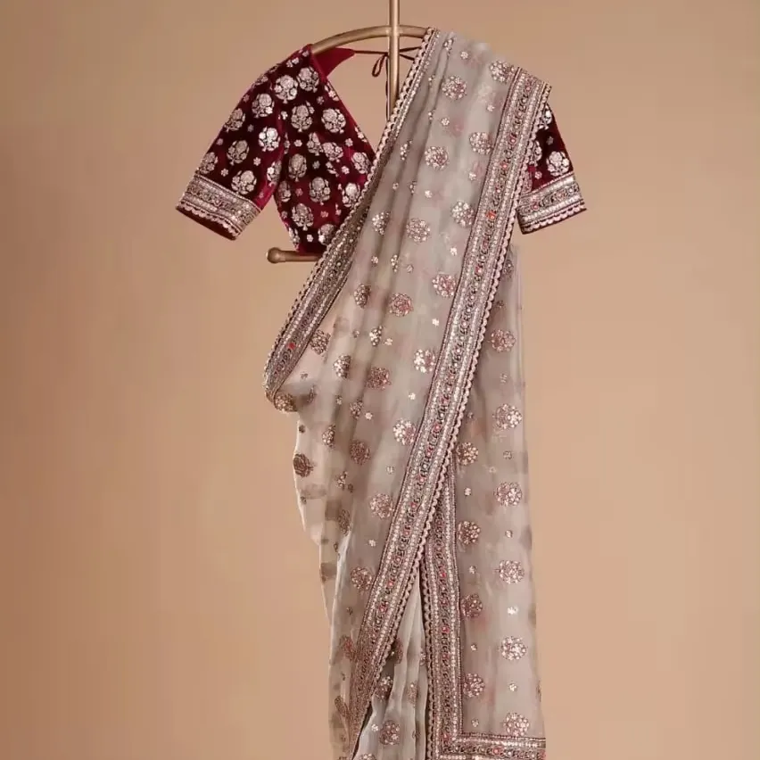 Nakış ipliği ile tasarımcı yumuşak ipek saree payetler ile çalışmak tasarımcı düğün fonksiyonu Saree, parti kıyafeti sari kıyafet.