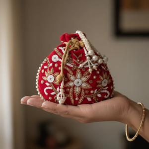 Bolso de Mano de Lujo Rojo con Bordado Hecho a Mano, Cuentas y Cadenas, Patrones Cuadrados de Media Luna, Forro de Algodón para Uso Diario y Fiestas de Boda - Product Image 1
