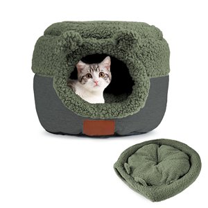 Ensemble de lit pour chat et chien à double usage, chauffant, doublure en polaire épaisse, sensation de lin, rembourrage en fibre de polyester, lavable en machine, antidérapant - Product Image 1