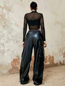 Pantalon en cuir pour femme taille haute avec poches avec cordons de serrage style streetwear à la mode vêtements décontractés modernes - Product Image 2