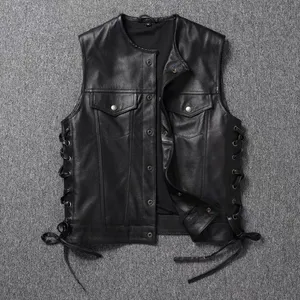 NEW Top Layer Cowhide Leather Motorcycle Vest Men's Single-Breasted Slim Fit Sleeveless Vest Fashion Tie Black Vest