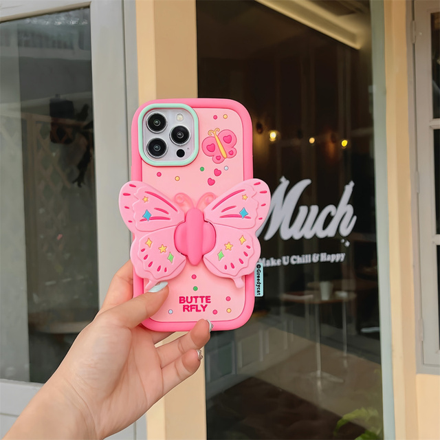 Kawaii 3D Butterfly Cartoon Cover for iPhone 15 16 17 Pro Max Soft Durable Liquid Silicone Case for Women Girls Cute Phone Case