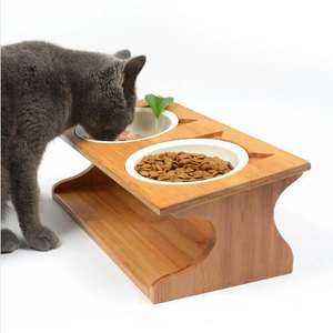 HNH Cat Feeding and Drinking <b>Bowls</b> Solid <b>Wood</b> <b>Stand</b> with Bamboo <b>Bowl</b> Perfect Raised Pet Feeder for Cats and Small <b>Dogs</b> - Product Image 5