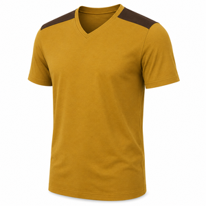 Camiseta de Algodón Personalizada con Cuello en V Color Mostaza y Paneles en los Hombros Color Chocolate, Ropa al por Mayor para Hombre de Manga Corta - Product Image 2