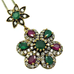 Indian Artisan Handcrafted Jewelry 925 Sterling Silver Ruby C Z Emerald Gemstone Flower Shape Gold Plated Pendant Bulk Suppliers
