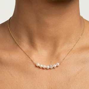 Pearl Bar <b>Necklace</b>, Sterling Silver Pearl Dainty Handmade June <b>Birthstone</b> Jewelry Gift - Product Image 2