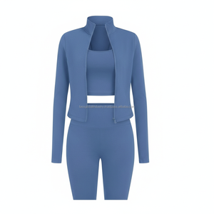 ชุดโยคะผู้หญิงแบบ 3 ชิ้นสั่งทำ OEM เสื้อแจ็คเก็ตซิปเต็มตัวพร้อมช่องสอดนิ้วโป้ง เสื้อครอปคอวี และเลกกิ้งเอวสูง ชุดออกกำลังกายสำหรับฟิตเนสและยิม - Product Image 4