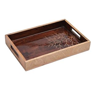 Plateau de service en bois sculpté rectangulaire design artisanal fait à la main élément décoratif unique parfait pour la décoration intérieure - Product Image 1