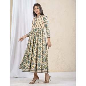 Vestido Largo de Algodón Estampado Verde Crema con Cuello Mandarín, Transpirable y Casual para Club, Suministro ODM - Product Image 5