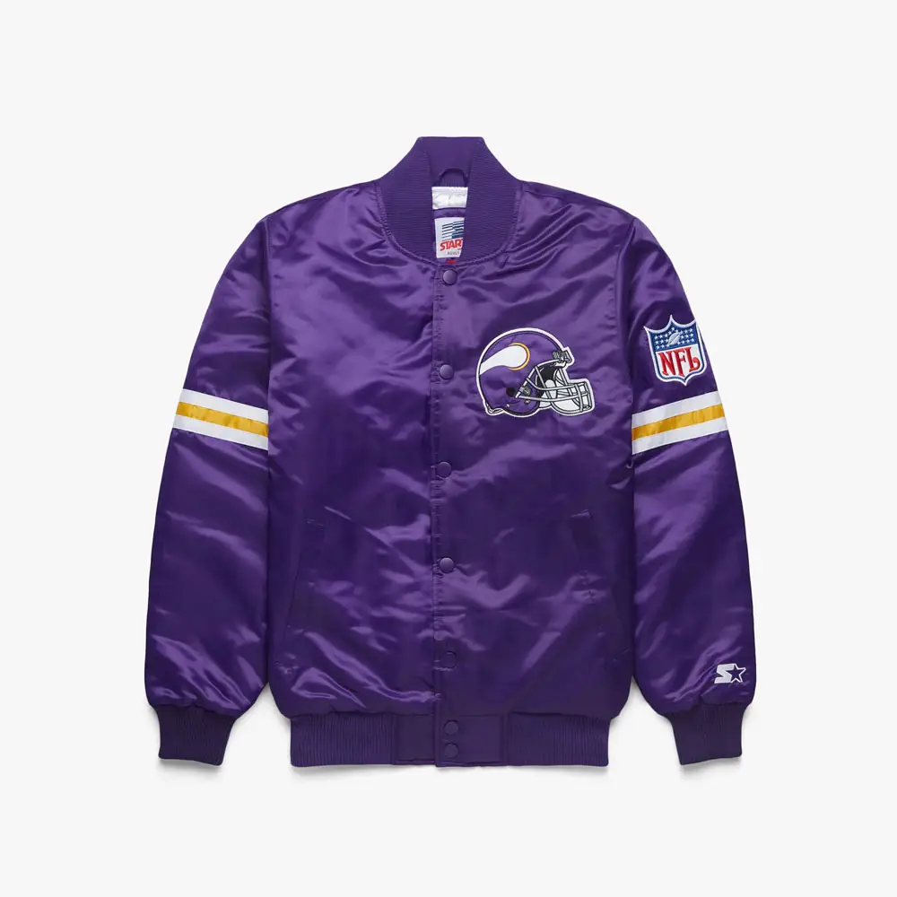 Veste en satin Premium Starter Vikings pour Ultimate Fan Style Veste en satin Vikings Vêtements pour fans NFL Veste esprit d'équipe