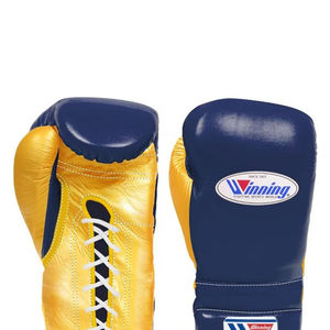 Gants de boxe haut de gamme à lacets en cuir véritable, paume jaune, corps bleu marine, logo personnalisé, pour entraînement professionnel, vente en gros - Product Image 2