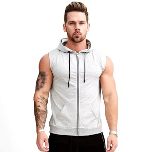 100% algodón orgánico sin mangas cremallera Sudadera con capucha chaqueta de gimnasio para hombres XS tamaño patrón sólido - Product Image 6