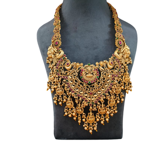 Travail détaillé Finition en or Long Temple Collier Set Inspiré De Classique Sud Indien Temple Bijoux Radiant Antique Gold Tone - Product Image 2