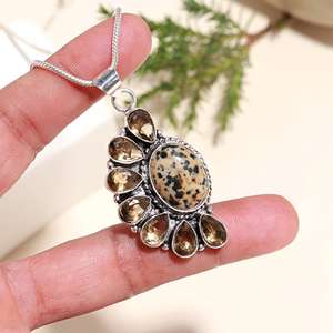 Collar con Colgante de Plata de Ley 925 con Cadena de Eslabones de 18 Pulgadas, con Jaspe Dalmático y Cuarzo Ahumado, para Compromiso Cristiano - Product Image 3