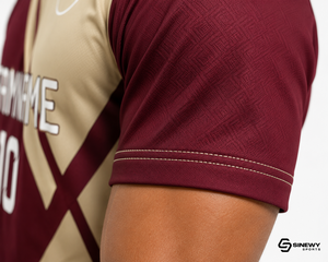 ชุดฟุตบอลสั่งทำ SINEWY SPORTS สำหรับผู้ชาย สีแดงเลือดหมู-เบจ พิมพ์ลายแบบ Sublimation ผ้าโพลีเอสเตอร์ 100% แขนสั้น ระบายเหงื่อได้ดี ชุดทีม - Product Image 5