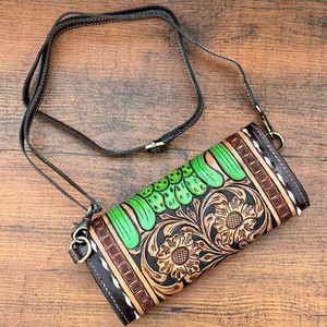 Nouveau Western usiné à la main en cuir Cactus usiné sac à main en cuir véritable bandoulière portefeuille en gros peau de vache femmes sac à main Floral portefeuille - Product Image 5