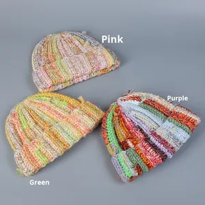 Chapeau d'hiver chaud pour femme en coton fait main, rayé, robuste, torsadé multi-brins, multicolore - Product Image 2