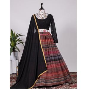 Diseñador indio Fancy Festive Georgette Lehenga Choli Seda Fiesta Desgaste Impreso Secuencia Bordado Moda Costura Traje de boda - Product Image 1