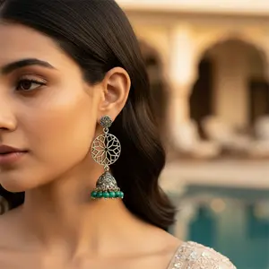 Pendientes de Plata 925 con Filigrana y Cuentas Verdes, Chapados en Oro y Oro Rosa, Forma Geométrica para Mujer, para Bodas y Fiestas - Product Image 3