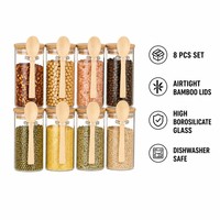 Ensemble de 8 pots à épices en verre hermétiques avec couvercles en bambou et cuillères en bois - Contenants de rangement de cuisine en borosilicate avec support