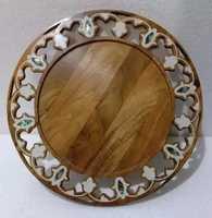 Plat rond en bois d'acacia avec incrustation de nacre, calligraphie arabe faite à la main, écologique, plateau de service, cadeau d'affaires