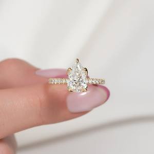 6x8mm Pear Cut Diamond Engagement <b>Ring</b> | Pave Band 18K Gold Plated Sterling Silver Minimalist Teardrop Solitaire | Wedding - Product Image 1