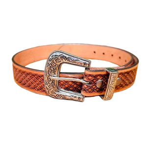 Ceinture en cuir de vache vintage de haute qualité, motif floral thermocollé, gravure artisanale, boucle robuste en laiton antique et acier - Product Image 2