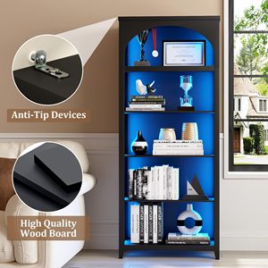 Libreria in Legno Illuminata con Arco Superiore, Scaffale Espositivo Aperto, Organizzatore per Casa, Ufficio e Negozio, Alta Libreria Nera - Product Image 3
