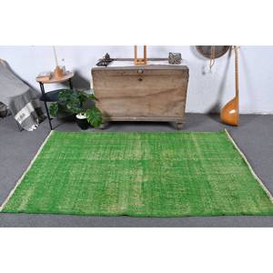 Alfombra de lana turca verde Vintage de 3,9x6,8 pies, patrón de retazos, tejido plano para decoraciones de sala de estar para adolescentes con respaldo de látex - Product Image 1